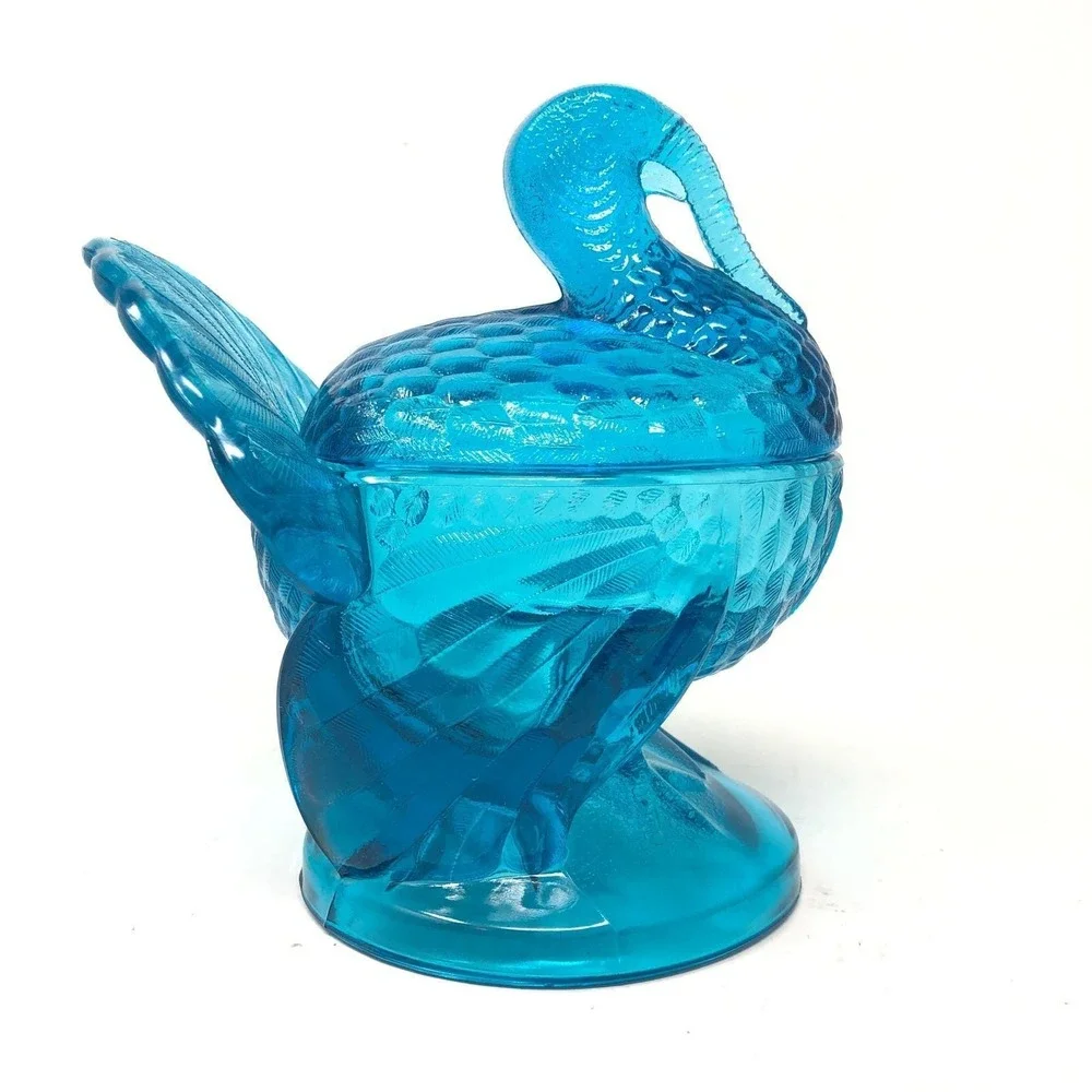 Vintage LE Smith Glass Turkey Covered Candy Dish‎ Blue Thanksgiving Decor